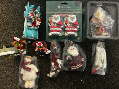 Hallmark Christmas Ornaments, Including, Blue Car With Santa And Presents, Santa Snowman, And Angel Stuffed Ornaments