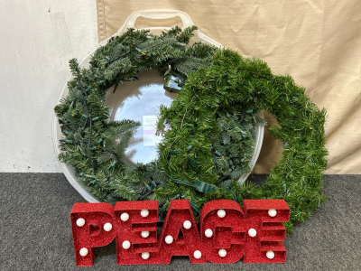 Light Up Peace Decoration And Two Light Up Wreaths