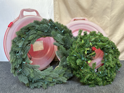 (2) Decorative Light Up Wreathes with Storage Cases