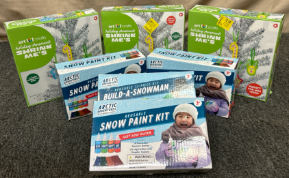 (3) Arts Crafts Holiday Ornament Shrink Me's, (3) Snow Paint Kits and (1) Build A Snowman Kit