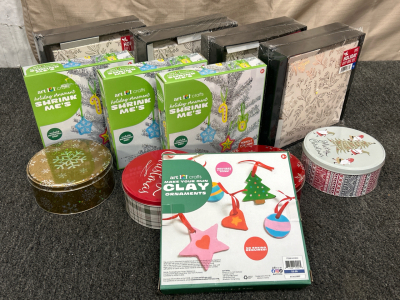 Holiday Gift Boxes, Tin Containers, Holiday Ornament Shrink Me's Kits, and Clay Ornament Kit