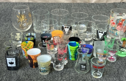 VARIETY OF SHOT GLASSES, VARIETY OF DRINK GLASSES.