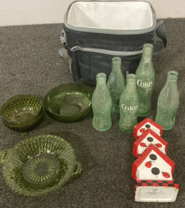 INSULATED LUNCH BOX, VINTAGE COKE BOTTLES, 3 VINTAGE CANDY DISHES. LADY BUG TOWER DECOR.