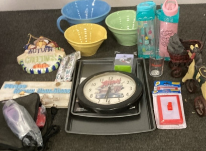 SET OF 3 MIXING BOWLS, 2 COOKIE SHEETS, CONAIR CLIPPERS, AND MORE.