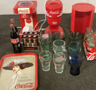 VARIETY OF VINTAGE COCA-COLA GLASSES, VINTAGE COCA-COLA BOTTLES, COCA-COLA SNOW CONE MAKER, AND MORE.