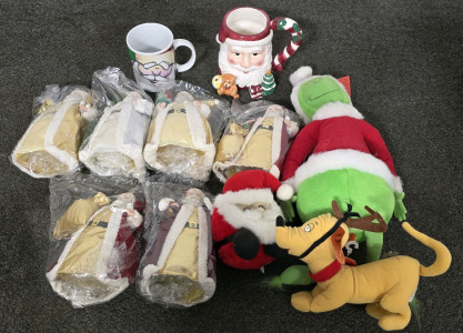 (6) Decorative Light Up Santas, (2) Coffee Mugs, Grinch Hallmark Stuffies, Oregon Santa Tin