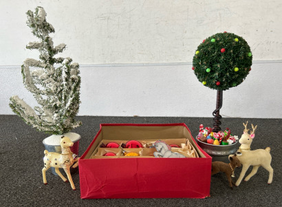 (2) Small Trees, Red Ornaments, & Reindeer Figurines