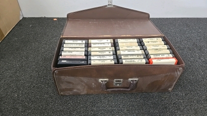 (1) Brown Leather Case Full of 8-Track Tapes