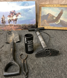 VINTAGE SMALL WALL HANGINGS, BELL BIKE PUMP, 28” SHOVEL, OIL FILTER WRENCH, 24OZ BAT SLEEVE.