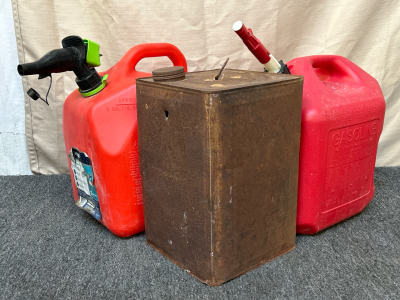 (2) 5-Gallon Gas Cans and (1) Vintage Metal Can