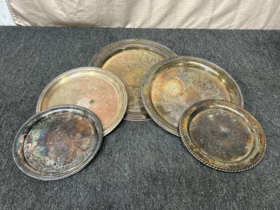 (5) Round Silver Toned Serving Trays