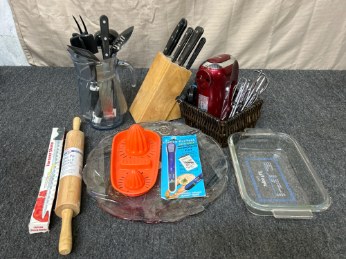 Kitchen Foods: Knife Block and Knives, Glass Serving Tray, Oster Hand Mixer, Rolling Pin and More