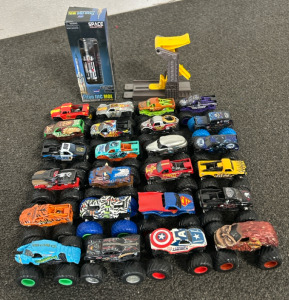 Spaceship, Hotwheels Launcher, & (24) Monster Truck Hotwheels