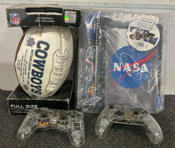 NFL Cowboys Autographed Football, NASA Binder Bundle, 1 PlayStation Controller & 1 XBOX Controller