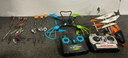 Super 3D Aviation Helicopter & Remote, Sharper Image Drone & Remote, & Assorted Dart Sets