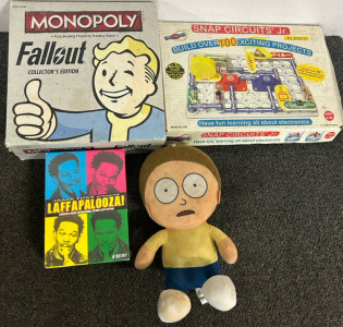 Monopoly Fallout Collectors Addition, Snap Citcuits Game, Jaime Foxx Lalalpalooza Collection, & Morty Stuffed Doll