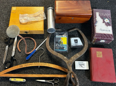 Vintage Box’s, Vintage Ice Metal Tongs, Tape Measure, Knife And More