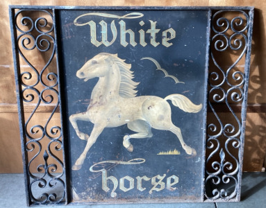 Vintage Cast Iron White Horse Sign