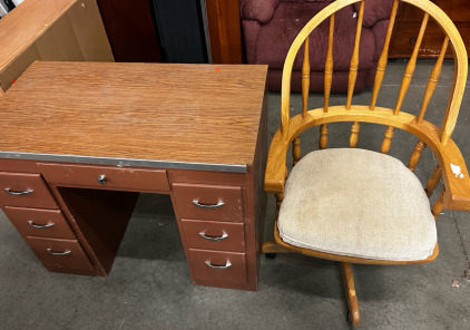 Desk With 7 Drawers, And Light Wooden Rollie Chair