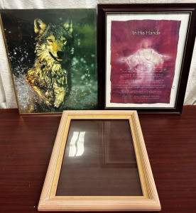 Vintage Wolf Painting, Jesus Painting, And Picture Frame