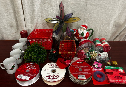 Christmas Basket, Coffee Cups, Star For Tree, Assorted Ribbons, And More