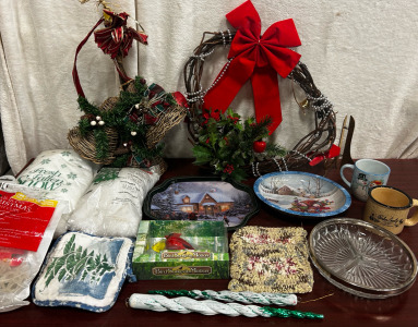 Christmas Wreath, Christmas Weeve Bells, Christmas Plates, Fake Snow, And More