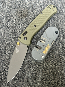 Small Green Handle Benchmade Knife and Smiths Sharpener