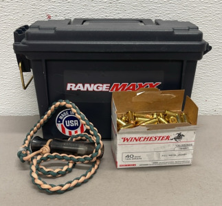 Box Of Winchester 40 S&W Caliber 165 Grain FMJ Ammunition Cartridges, RangeMaxx Ammunition Can, Duck Call