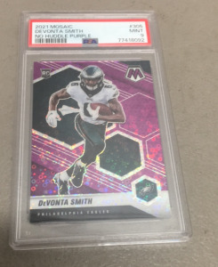 (1) 2021 Mosaic Devonta Smith No huddle Prizm Purple Rookie Card #'D 49/50 PSA MINT 9