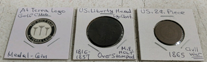 (3) US Coins & Medal Collection - Civil War 2-Cent & Liberty Head