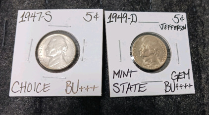 (2) 5 Cent Coins 1945-S BU+++ Choice, 1949-D Mint State Gem BU++++