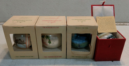 (4) Christmas Ornaments w/ (2) Unbreakable Hallmark Satin Tree-Trimmer Dated 1980 (1) Glass Tree-Trimmer (1) Hand-Painted Glass Breckenridge