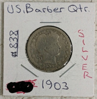 (1) Civil War and Barber Coin Lot - (1) US 3 Cent Piece 1865 (1) US Barber Quarter 1903 - 2