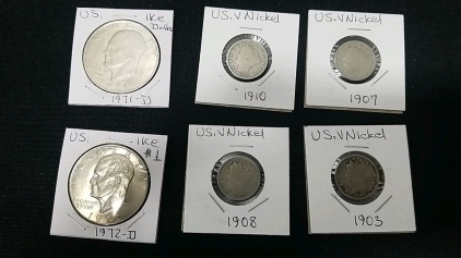 (2) 70's Silver Dollars, (4) V Nickels