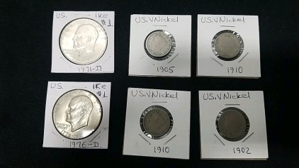 (2) 70's Silver Dollars, (4) V Nickels