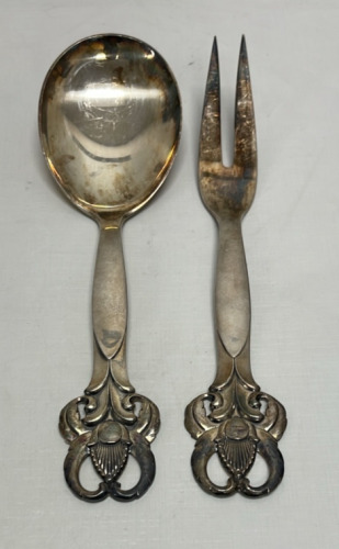 (2) Denmark Frigast Plate Sterling Silver Plated Serving Spoon And Fork