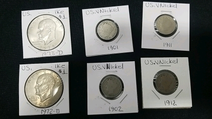 (2) 70's Silver Dollars, (4) V Nickels