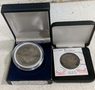 (2) Coin Collectibles - 1795 US Draped Bust Museum Copy w/ 1825 Great Britain Shilling