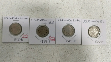 (4) US Buffalo Nickels - (1) 1916P (1) 1918P (1) 1928P (1) 1936P