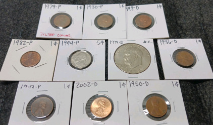 Liberty Dollar, 1994 Nickel, (8) Pennies (Year and Mint In Photos)