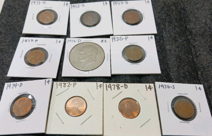 Liberty Dollar, (9) Pennies (Year and Mint in Photos)