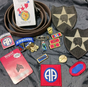 WWII Memorabilia Pins, Patches, Belt