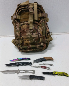 (8) Knifes SOG Instinct Fixed Blade, Master Stainless Steel, NRA Blade Ozark Trail Blade, Camo Tactical BackPack