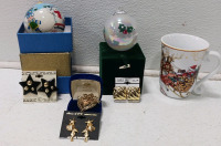 Gold Brooch, (2) Christmas Ornaments, Christmas Mugs, (3) Earrings