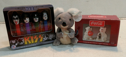 (3) Collectibles Lot - (1) KISS Pez Set (1) Coca-Cola Polar Bear Shakers (1) Coca-Cola Koala Plush