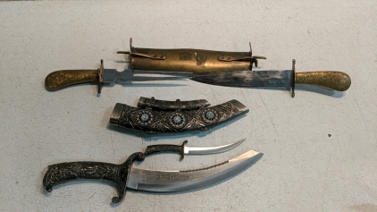 (4) Decorative Knives Set - Brass Handle Dagger, Ornate Sheath Blade & Miniature Knife