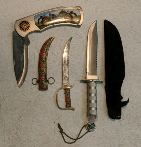 (3) Knives Set - Decorative Scimitar - 7", Survival Blade - 8" w/ Compass & Tractor Knife - 8"