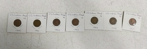 (7) US Indian Head Pennies - (1) 1900 (1) 1901 (1) 1902 (1) 1903 (1) 1904 (1) 1905 (1) 1907