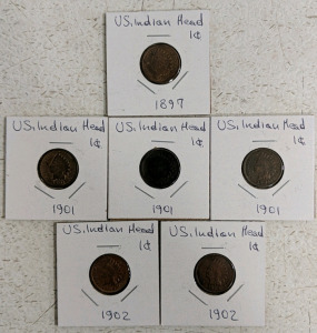 (6) US Indian Head Pennies - (1) 1897 (3) 1901 (2) 1902