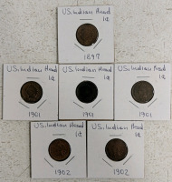 (6) US Indian Head Pennies - (1) 1897 (3) 1901 (2) 1902